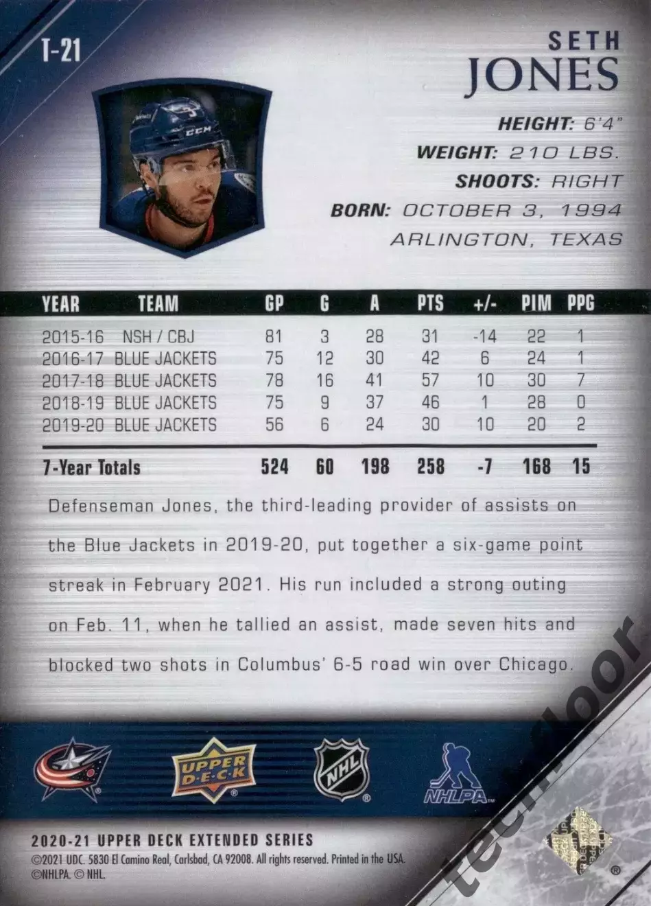 Карточка NHL Seth Jones Columbus Blue Jackets/Сет Джонс Коламбус НХЛ 1
