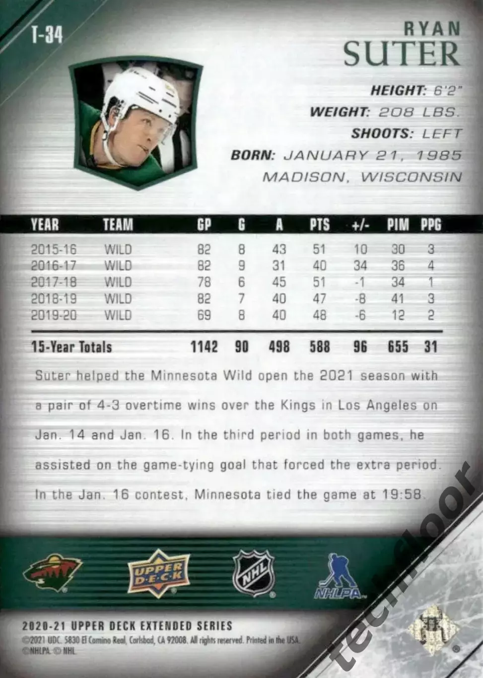 Карточка NHL Ryan Suter Minnesota Wild/Райан Сутер Миннесота НХЛ 1