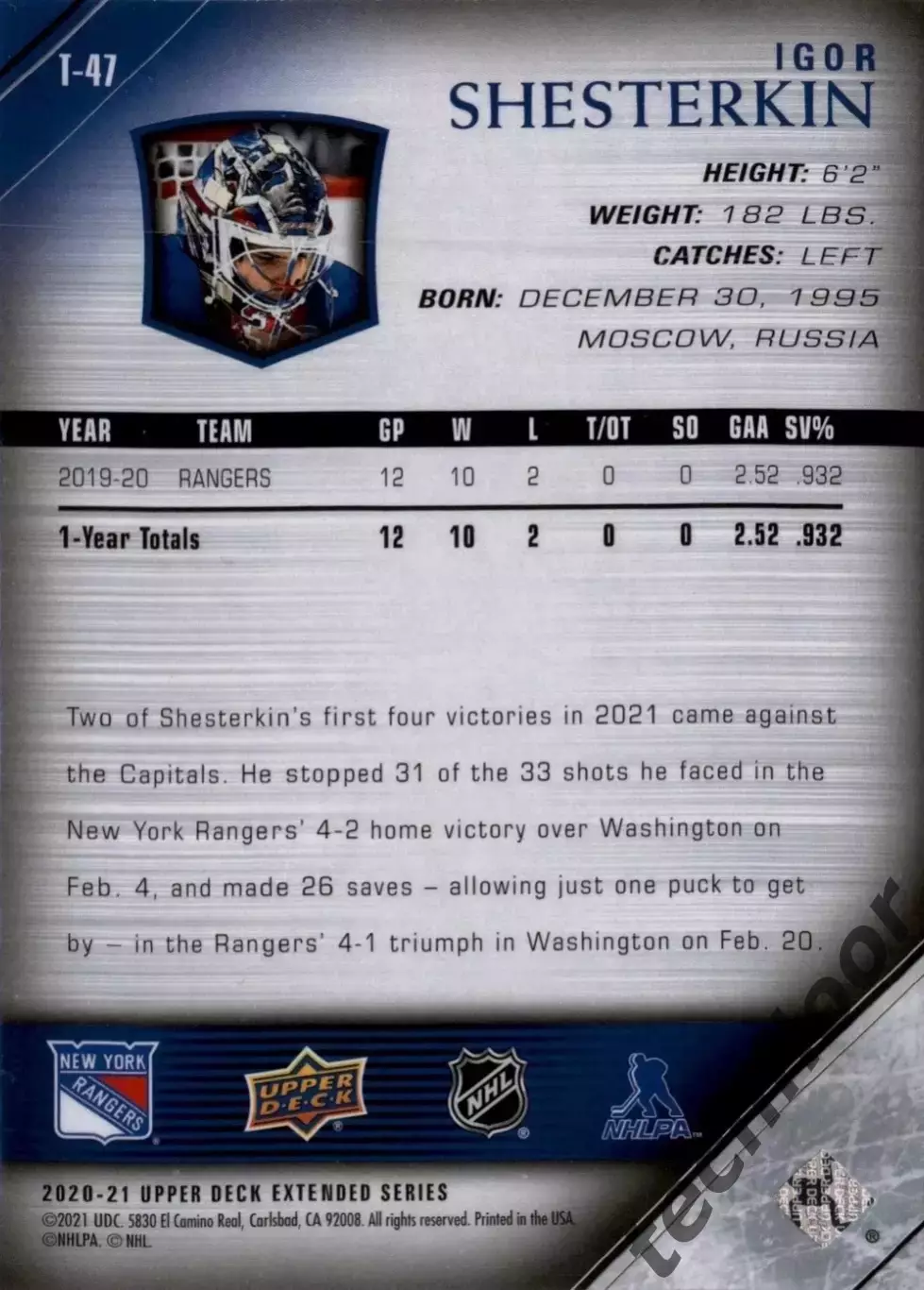 Карточка NHL Igor Shesterkin New York Rangers/Игорь Шестеркин Рейнджерс НХЛ 1