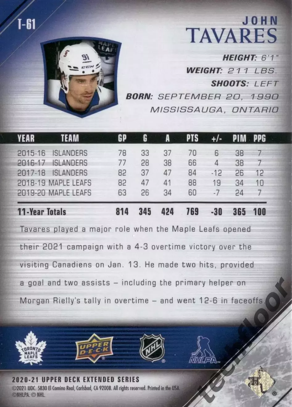 Карточка NHL John Tavares Toronto Maple Leafs/ Джон Таварес Торонто НХЛ 1