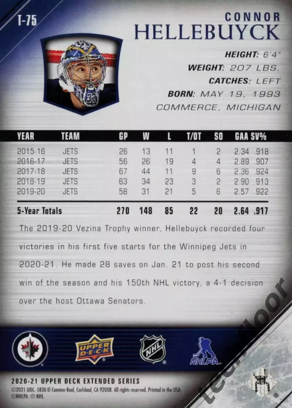 Карточка NHL Connor Hellebuyck Winnipeg Jets/Коннор Хеллебайк Виннипег НХЛ 1