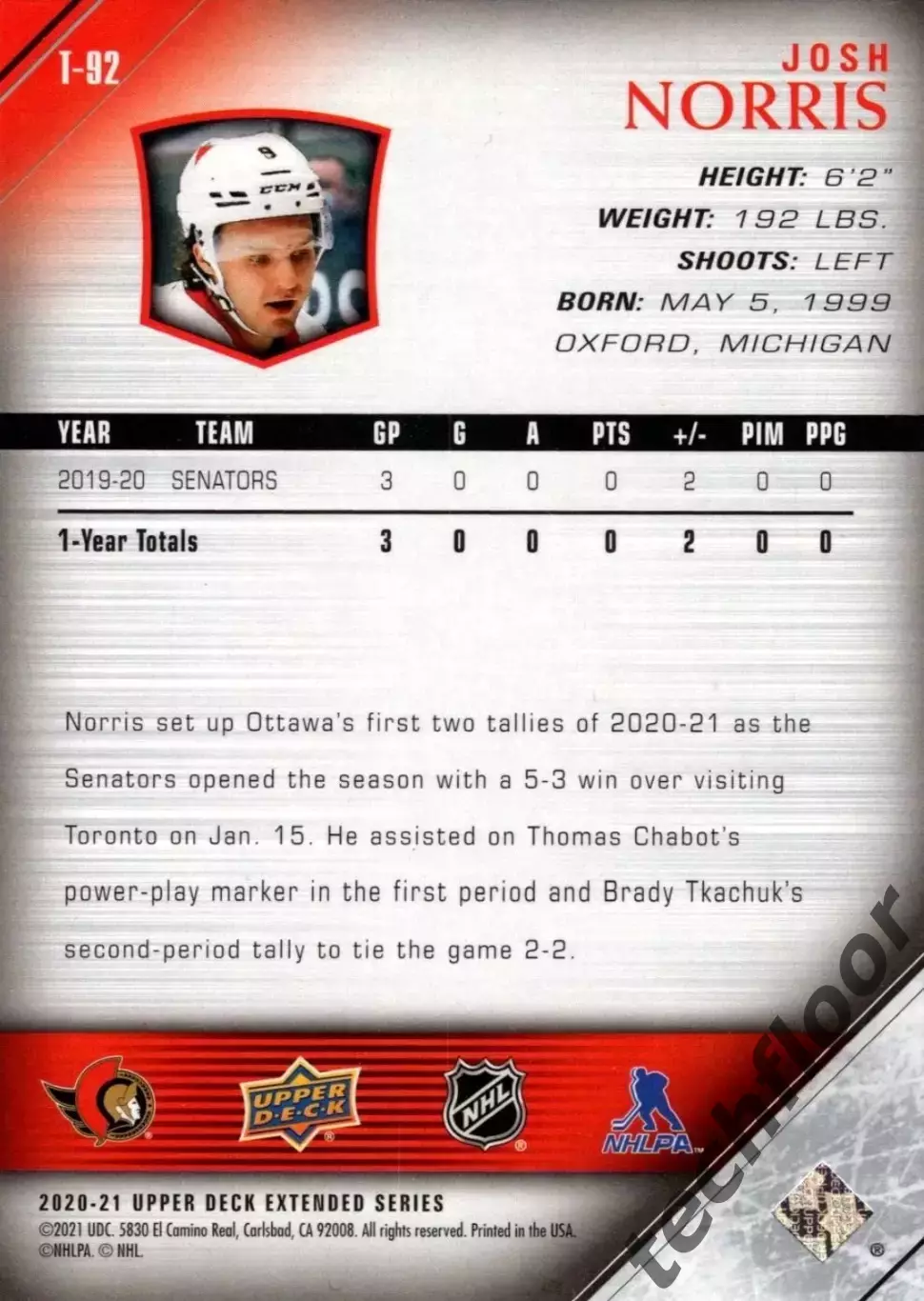 Карточка NHL Josh Norris Ottawa Senators / Джош Норрис Оттава НХЛ 1