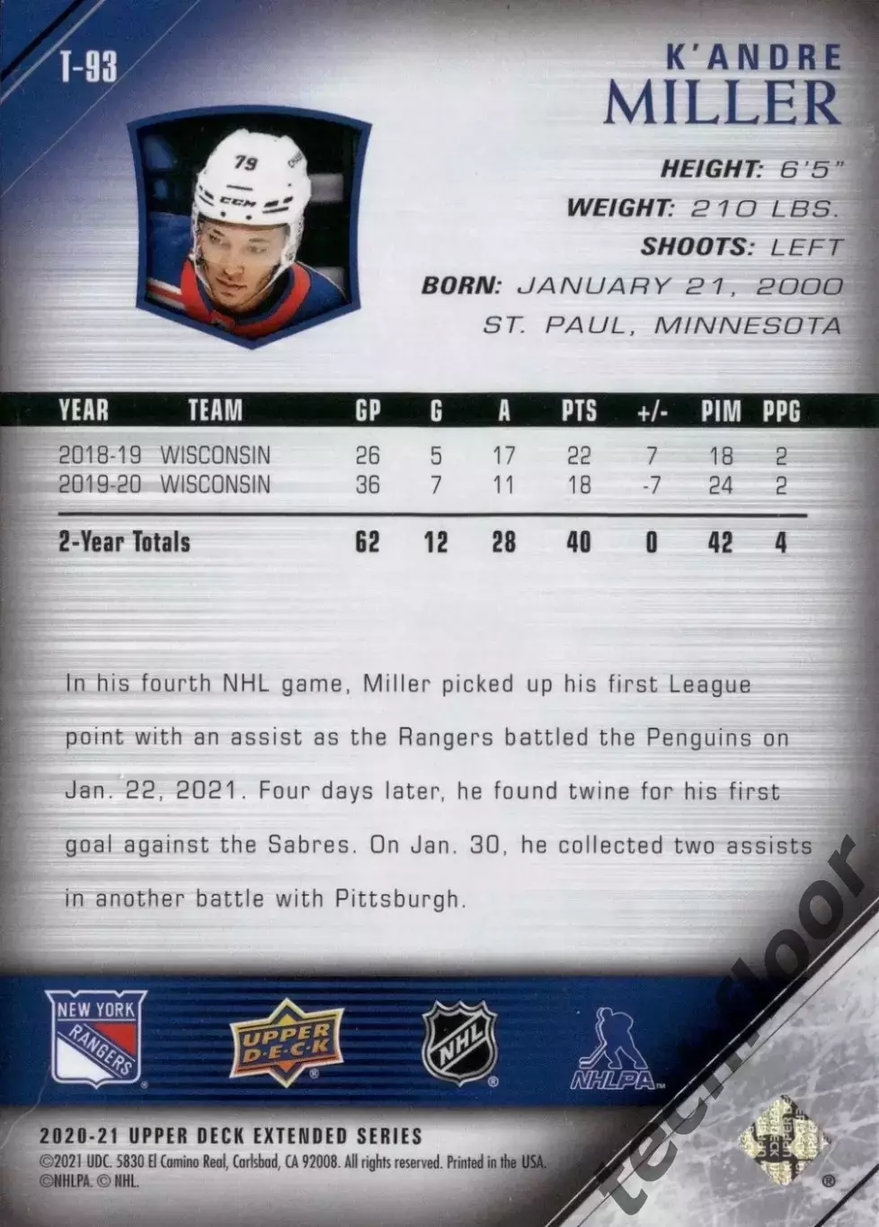 Карточка NHL K’ Andre Miller New York Rangers/К’Андре Миллер Рейнджерс НХЛ 1