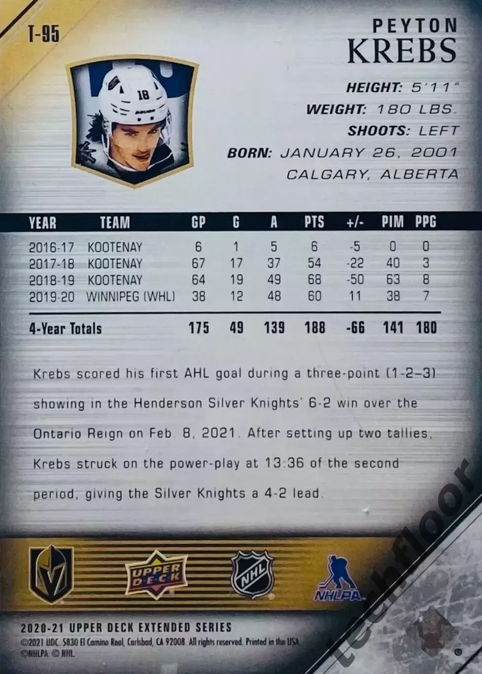 Карточка NHL Peyton Krebs Vegas Golden Knights/Пейтон Кребс Вегас НХЛ 1