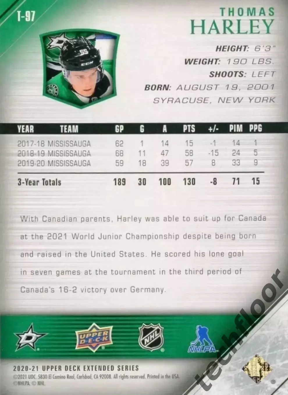 Карточка NHL Thomas Harley Dallas Stars/Томас Харли Даллас НХЛ 1