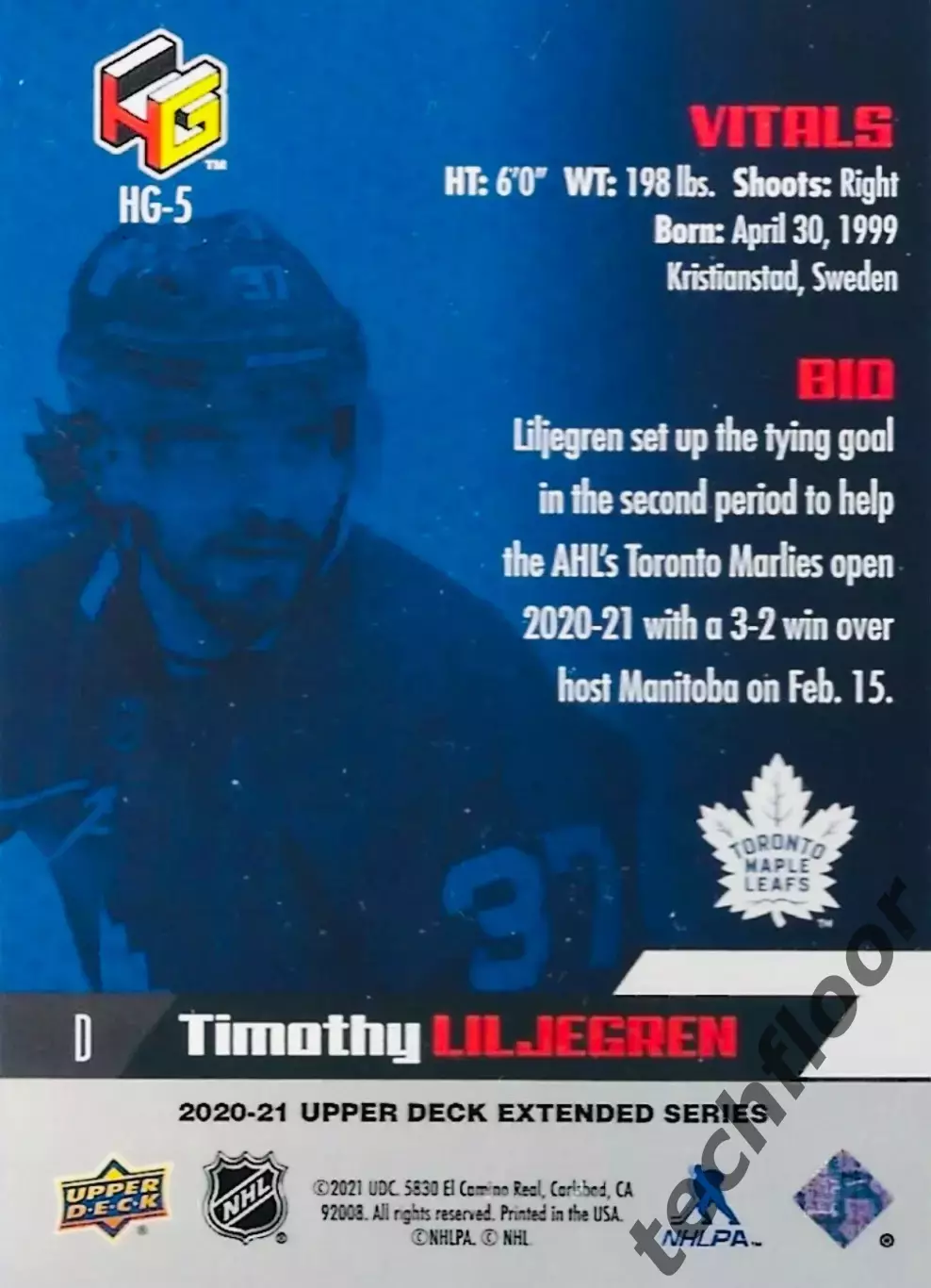 Карточка NHL Timothy Liljegren Toronto Maple Leafs/Тимоти Лильегрен Торонто НХЛ 1