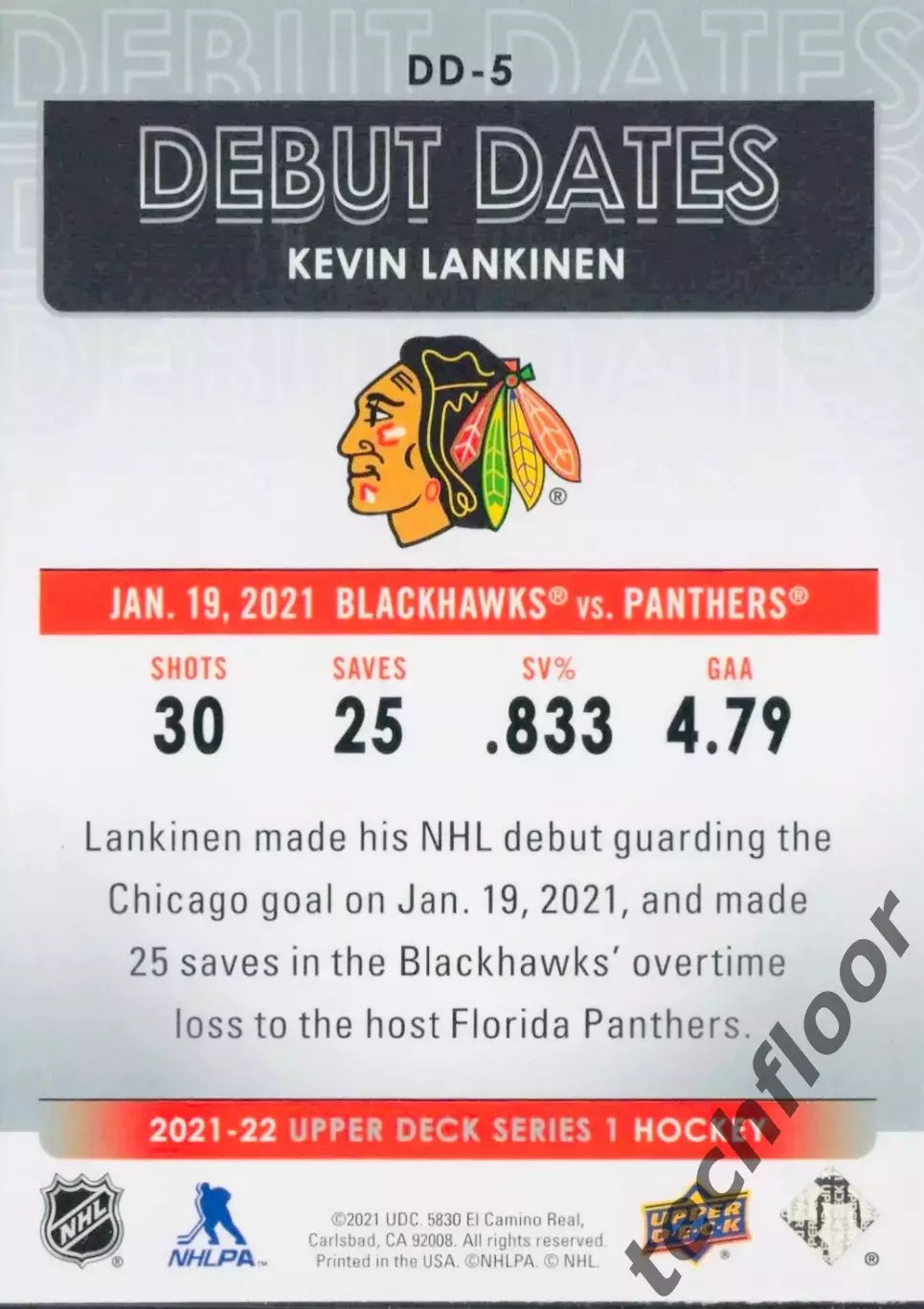 Карточка NHL Kevin Lankinen Chicago Blackhawks/Кевин Ланкинен Чикаго НХЛ 1