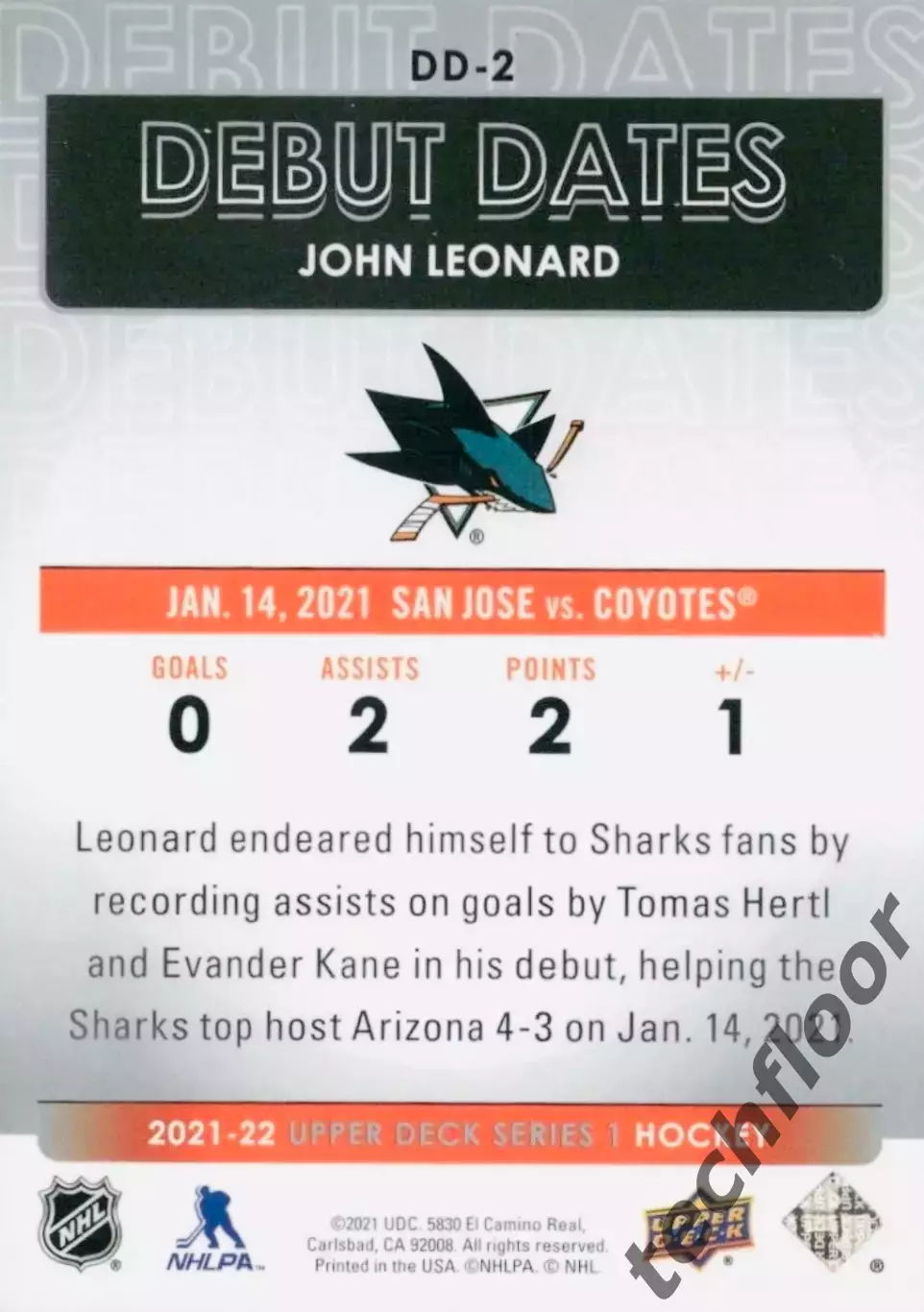 Карточка NHL John Leonard San Jose Sharks/Джон Леонард Сан-Хосе НХЛ 1