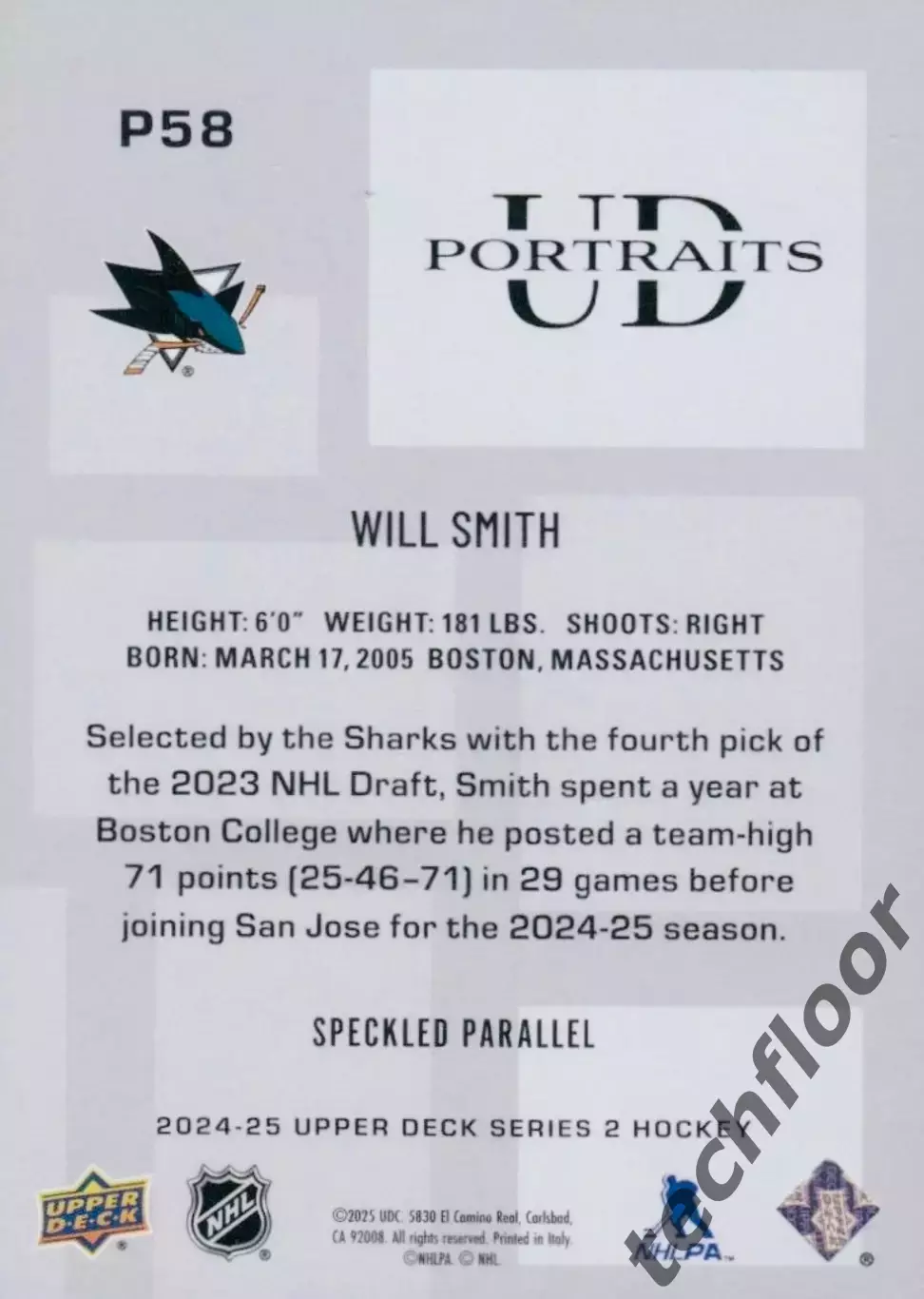 Карточка NHL Will Smith San Jose Sharks/Уилл Смит Сан-Хосе Шаркс НХЛ 1