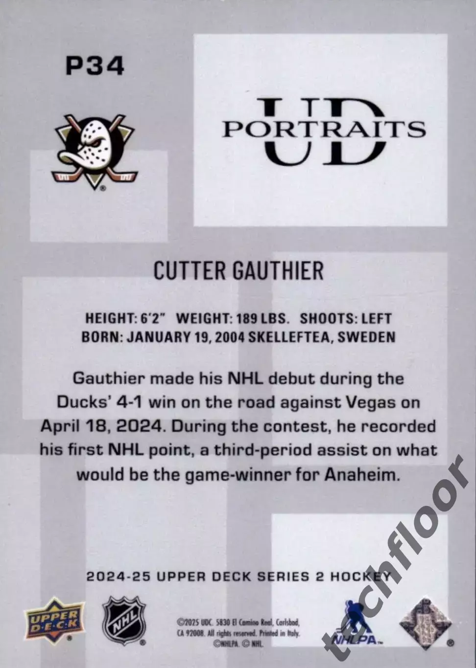 Карточка NHL Cutter Gauthier Anaheim Ducks / Каттер Готье Анахайм НХЛ 1