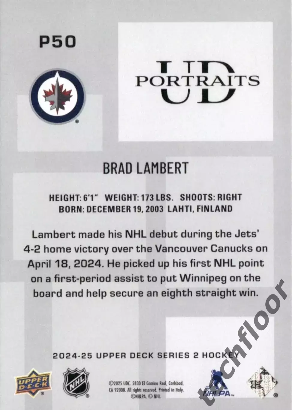 Карточка NHL Brad Lambert Winnipeg Jets/Брэд Ламберт Виннипег НХЛ 1