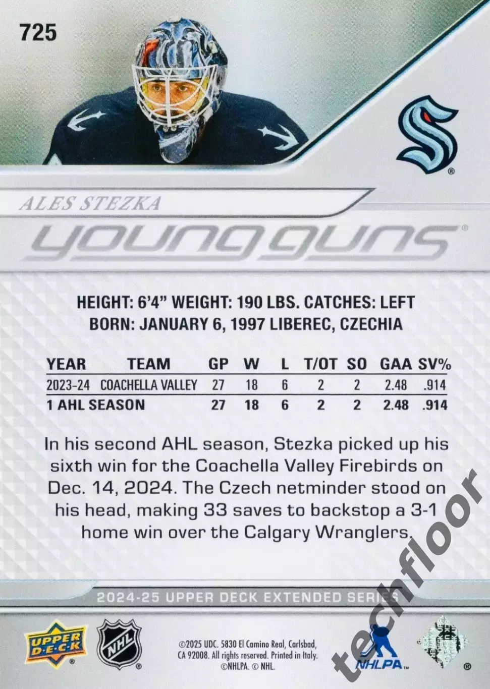 Карточка NHL Ales Stezka Seattle Kraken/Алеш Стезка Сиэтл НХЛ 1