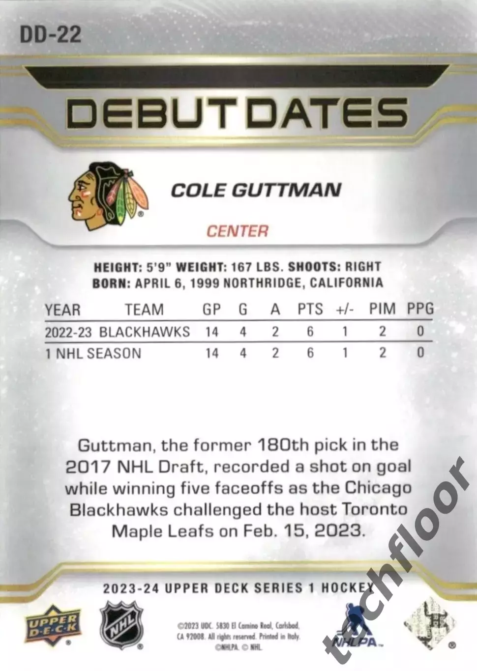 Карточка NHL Cole Guttman Chicago Blackhawks/Коул Гутман Чикаго НХЛ 1