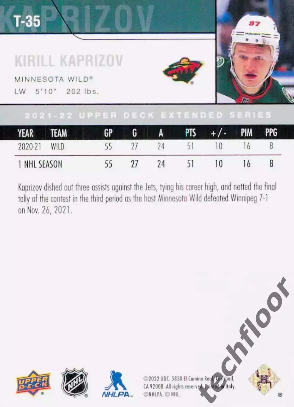 Карточка NHL Kirill Kaprizov Minnesota/Кирилл Капризов Миннесота НХЛ 1