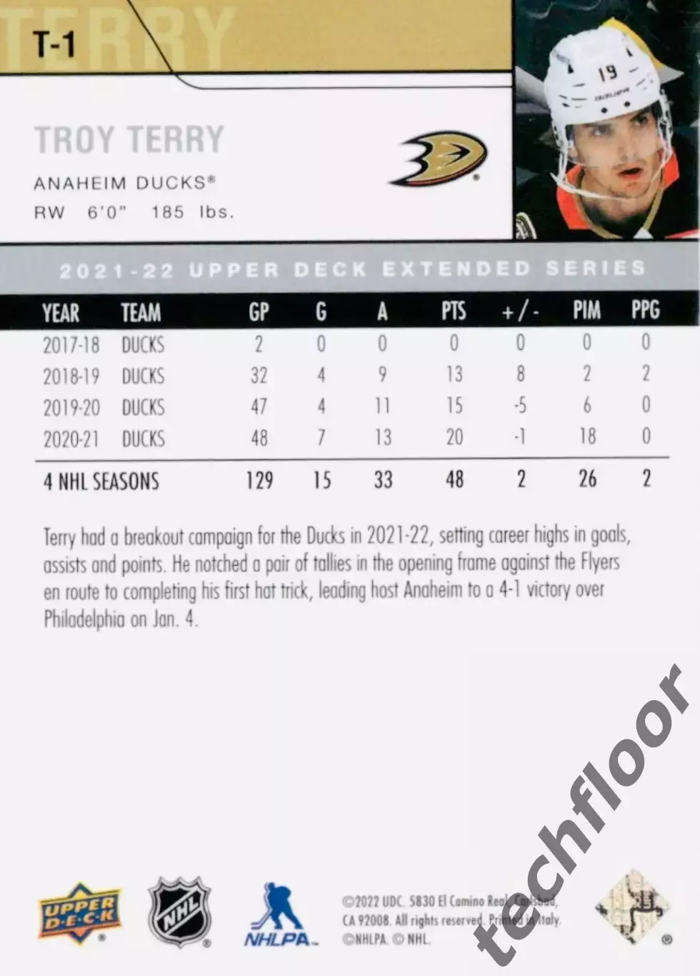 Карточка NHL Troy Terry Anaheim Ducks/Трой Терри Анахайм НХЛ 1
