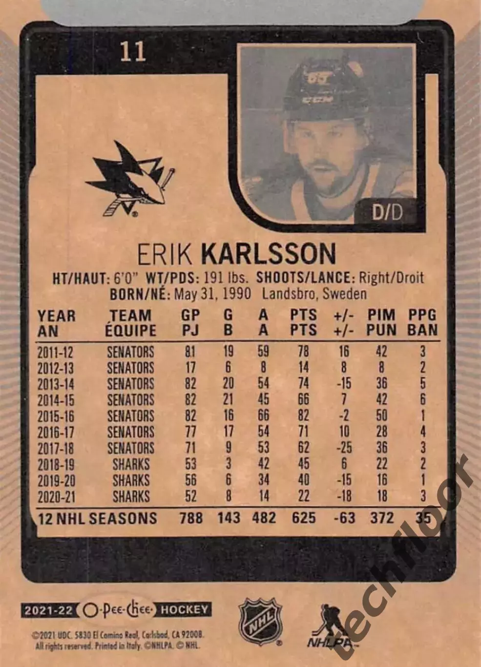 Карточка NHL Erik Karlsson San Jose Sharks/Эрик Карлссон Сан-Хосе Шаркс НХЛ 1