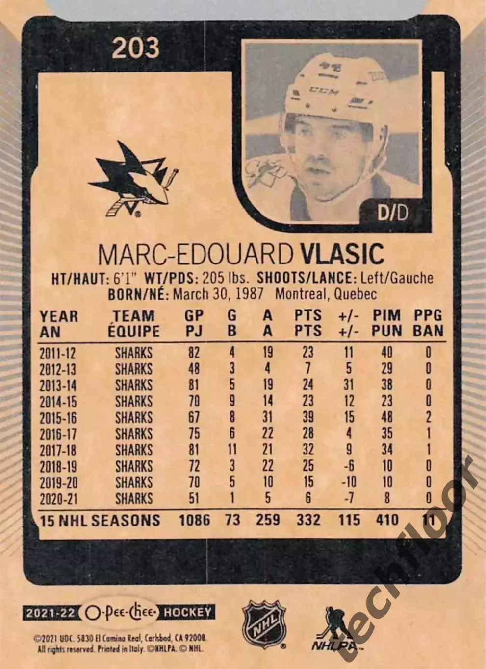 Карточка NHL Marc-Edouard Vlasic San Jose Sharks/Марк-Эдуард Власик Сан-Хосе НХЛ 1