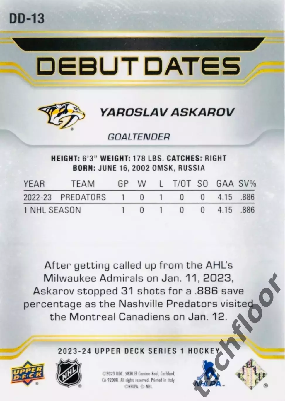 Карточка NHL Yaroslav Askarov Nashville Predators/Ярослав Аскаров Нэшвилл НХЛ 1