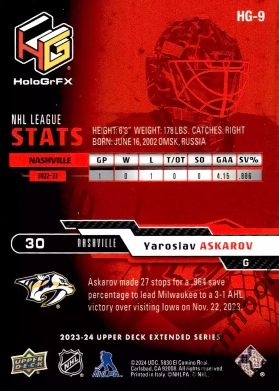 Карточка NHL Yaroslav Askarov Nashville Predators /Ярослав Аскаров Нэшвилл НХЛ 1