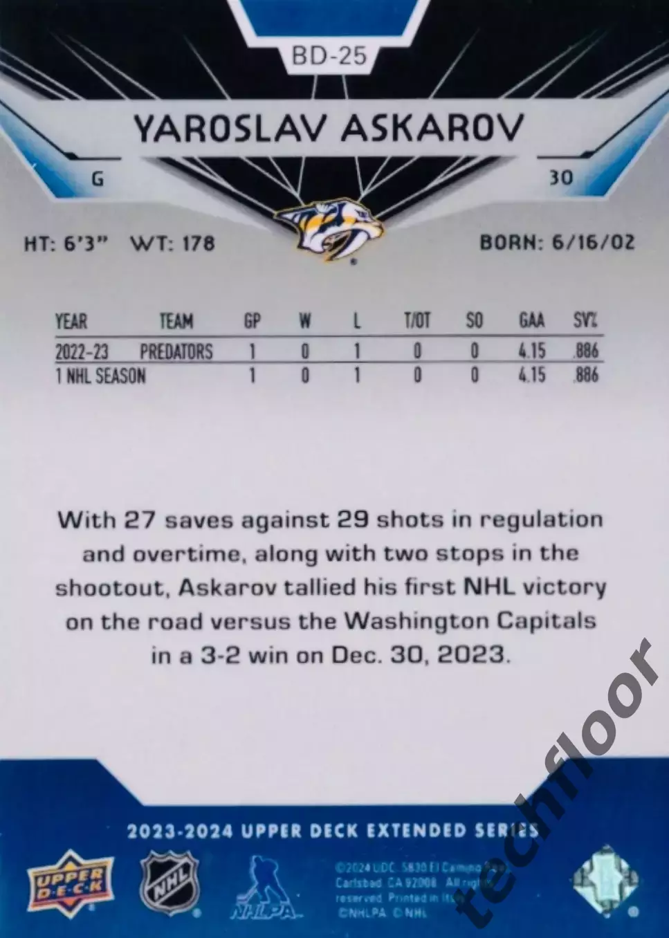 Карточка NHL Yaroslav Askarov Nashville Predators/ Ярослав Аскаров НХЛ Нэшвилл 1