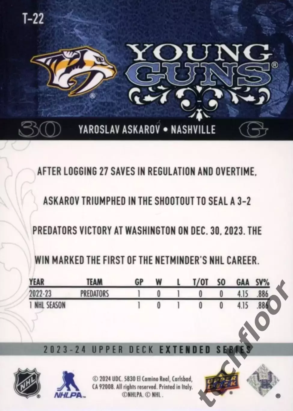 Карточка NHL Yaroslav Askarov Nashville Predators /Ярослав Аскаров НХЛ Нэшвилл 1