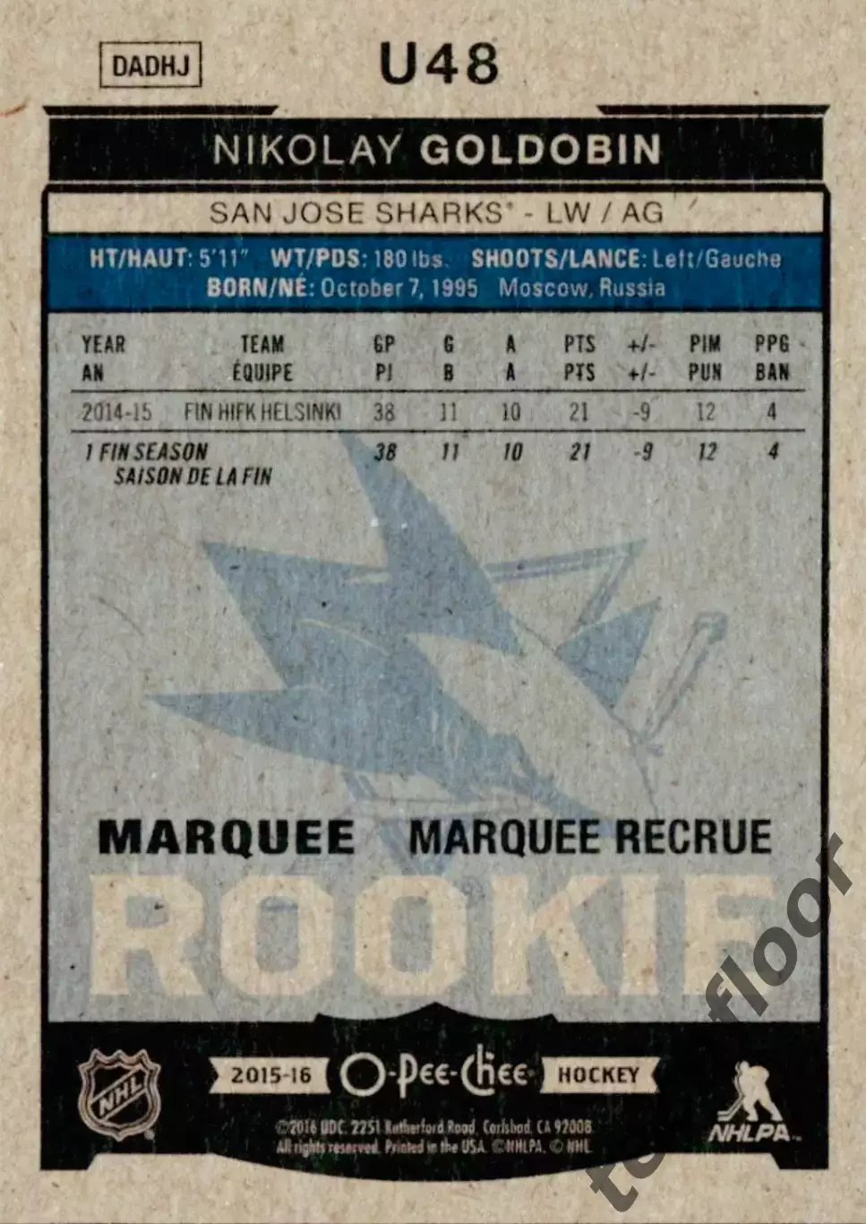Карточка NHL Nikolay Goldobin San Jose Sharks/Николай Голдобин Сан-Хосе НХЛ 1