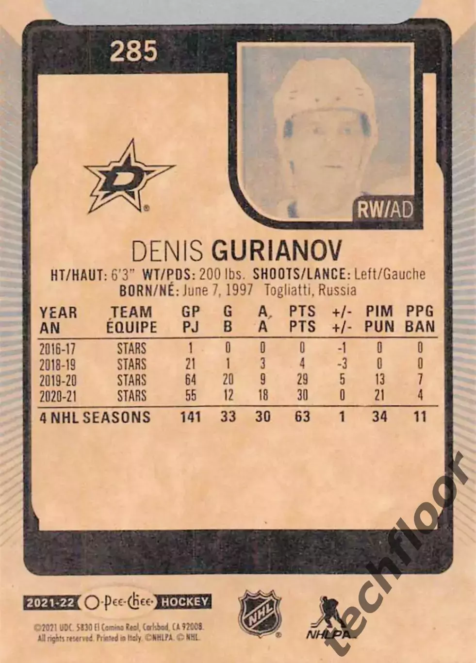 Карточка NHL Denis Gurianov Dallas Stars/Денис Гурьянов Даллас Старз НХЛ 1