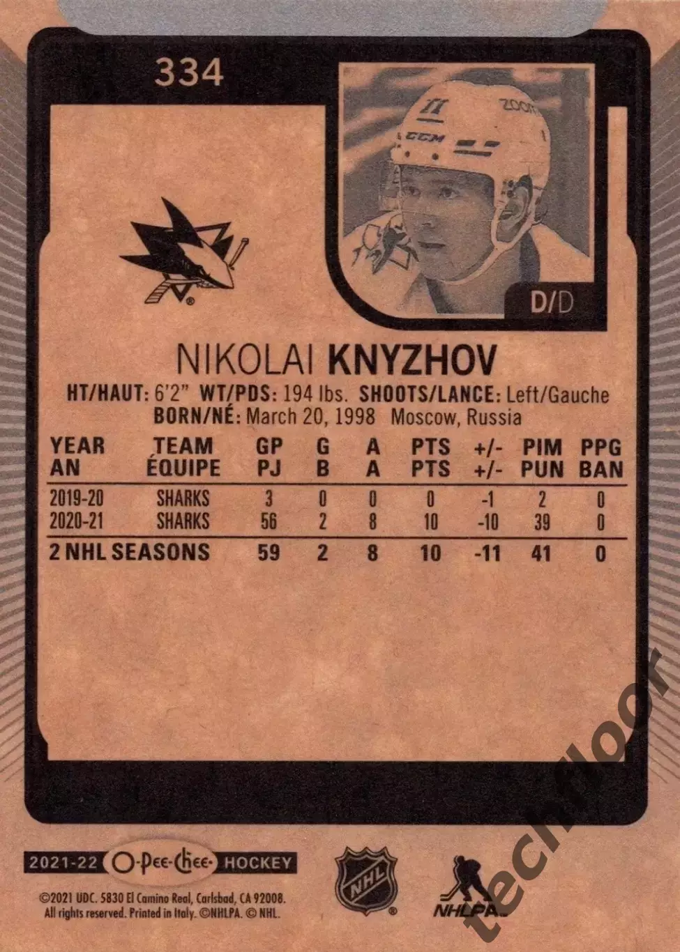 Карточка NHL Nikolay Knyzhov San Jose Sharks/Николай Кныжов Сан-Хосе Шаркс НХЛ 1