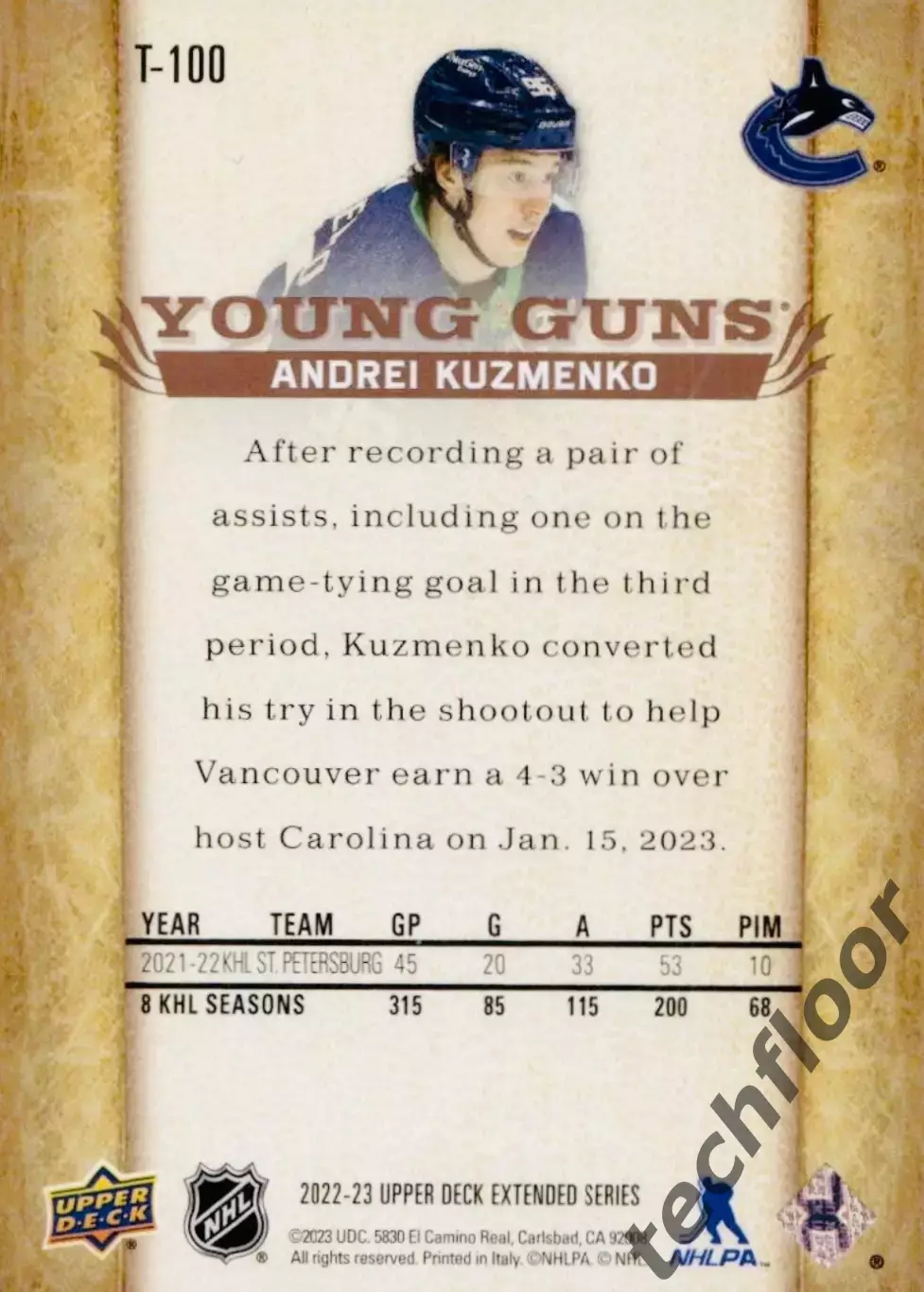 Карточка NHL Andrei Kuzmenko Vancouver Canucks/Андрей Кузьменко Ванкувер НХЛ 1