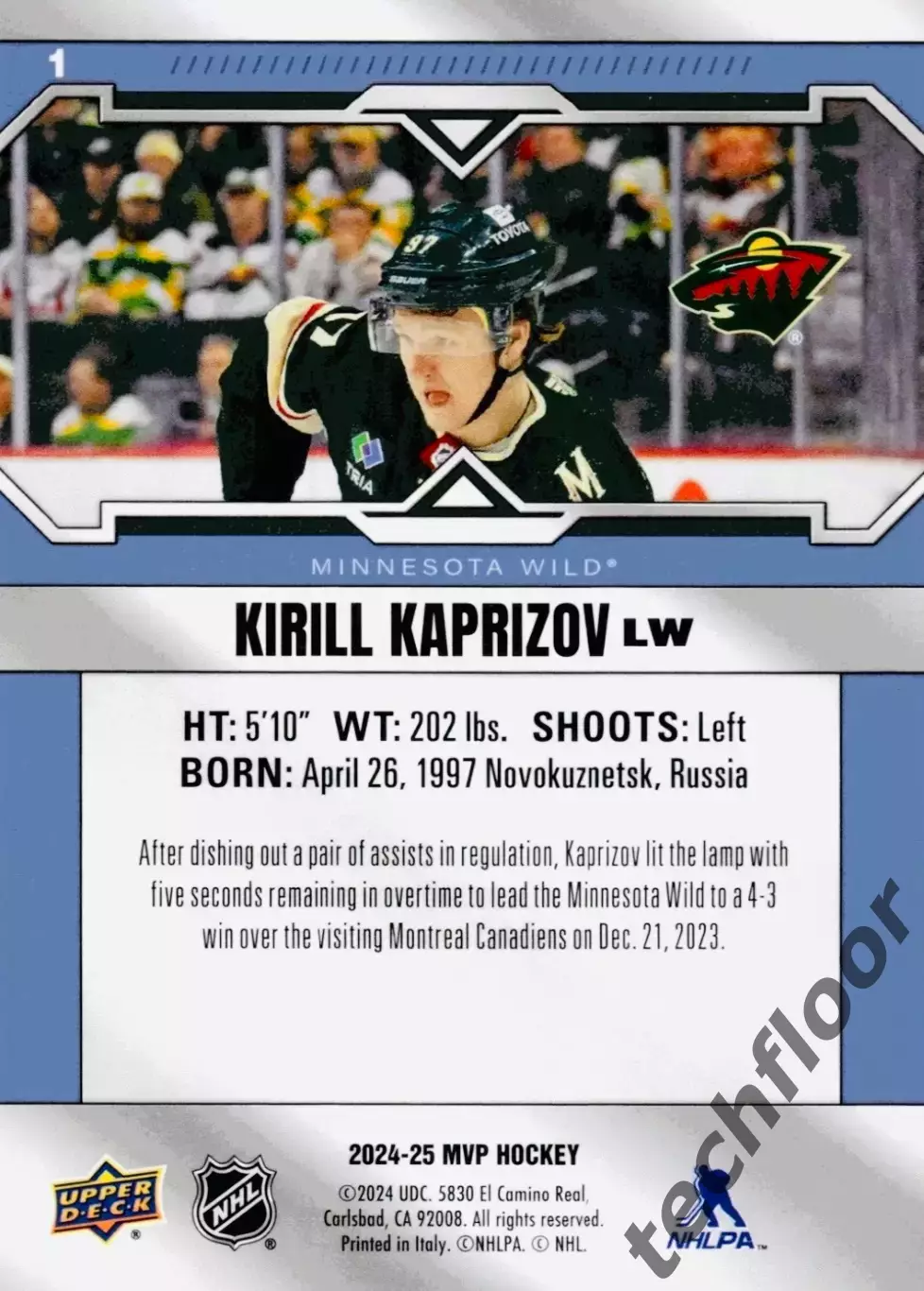 Карточка NHL Kirill Kaprizov Minnesota Wild/Кирилл Капризов НХЛ Миннесота 1