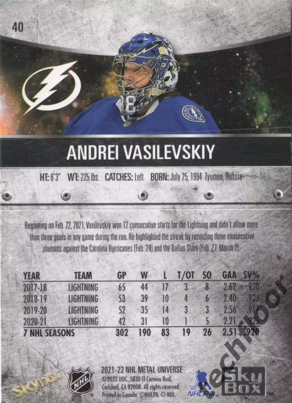 Карточка NHL Andrei Vasilevskiy Tampa Bay Lightning/Андрей Василевский НХЛ Тампа 1