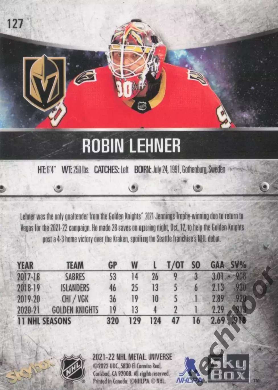 Карточка NHL Robin Lehner Vegas Golden Knights/Робин Ленер Вегас НХЛ 1