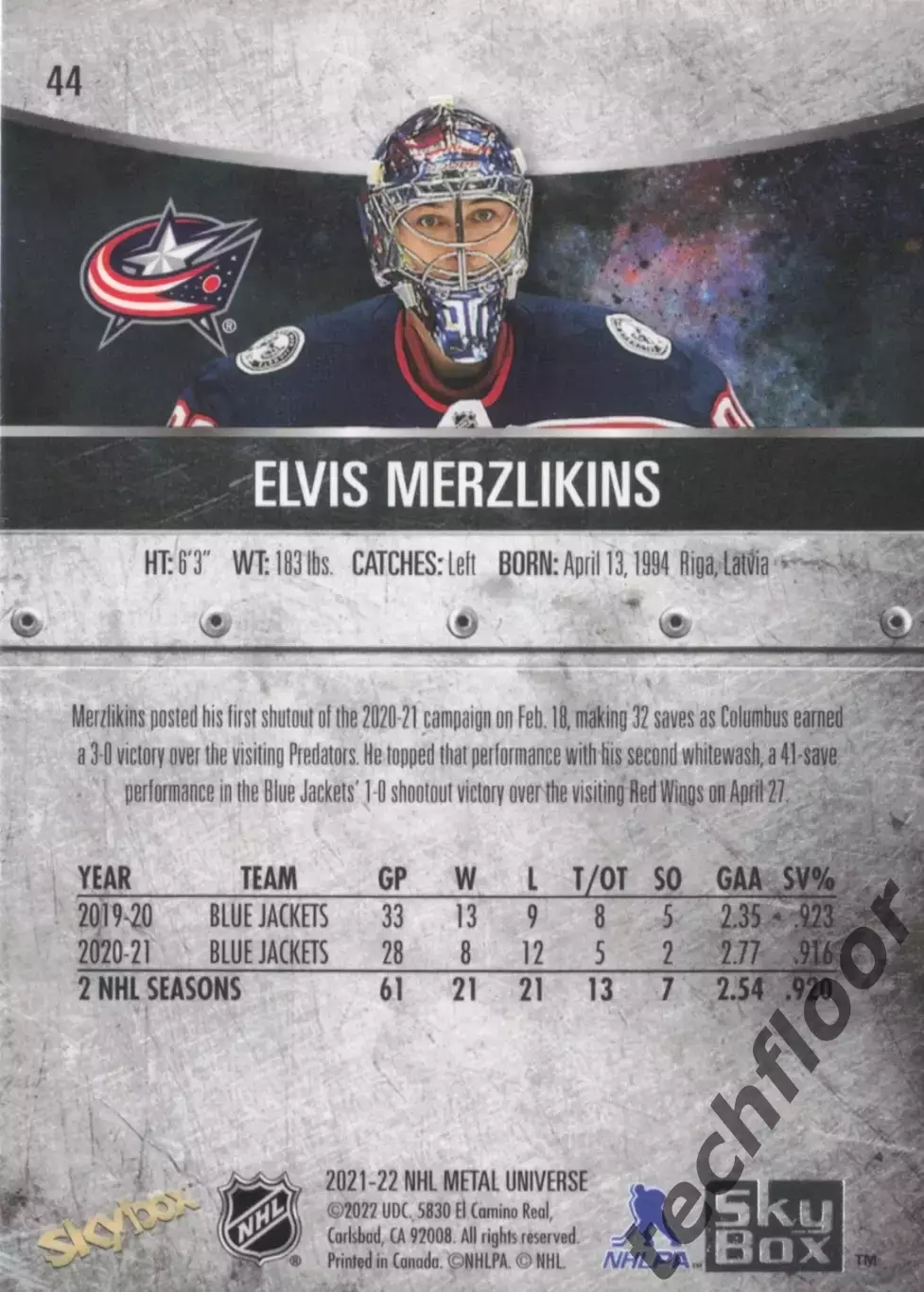 Карточка NHL Elvis Merzlikins Columbus Blue Jackets/Элвис Мерзликинс Коламбус 1