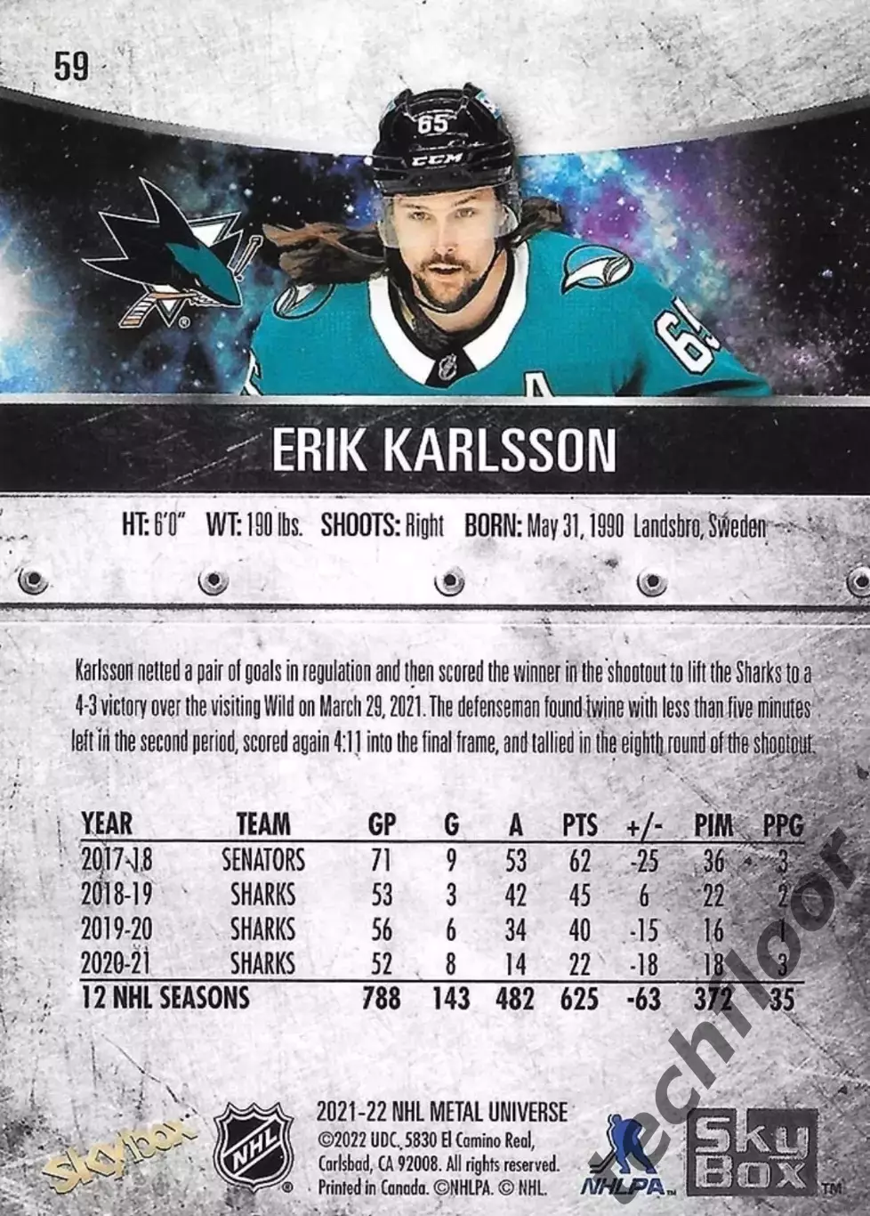 Карточка NHL Erik Karlsson San Jose Sharks/Эрик Карлссон НХЛ Сан-Хосе Шаркс 1