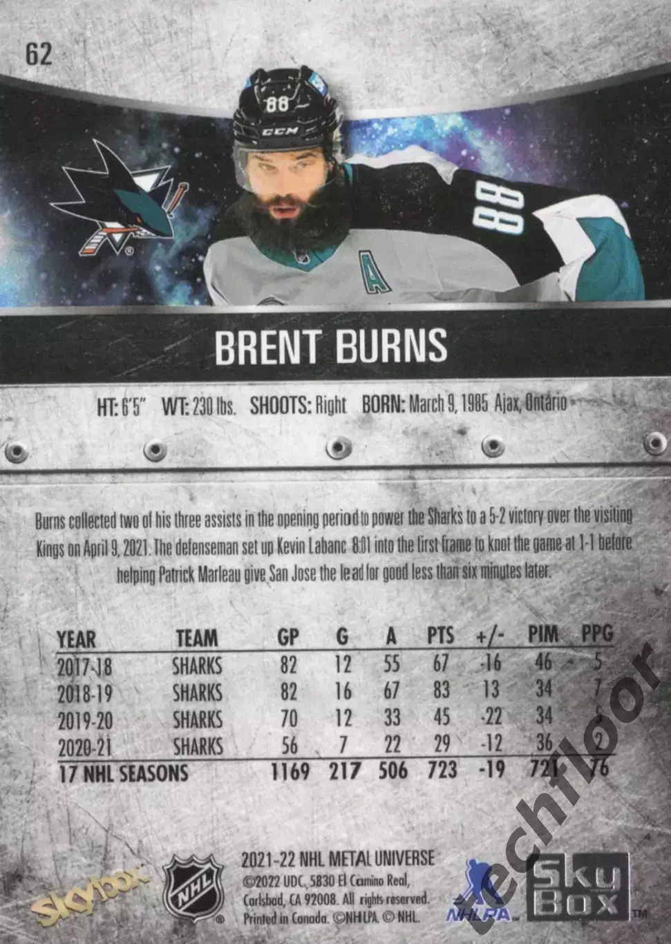 Карточка NHL Brent Burns San Jose Sharks/Брент Бернс НХЛ Сан-Хосе Шаркс 1