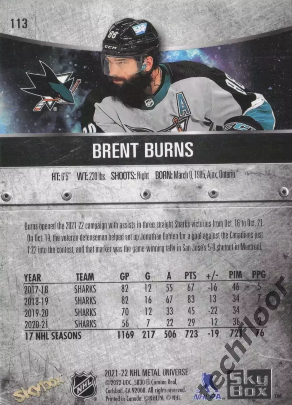 Карточка NHL Brent Burns San Jose Sharks/ Брент Бернс НХЛ Сан-Хосе Шаркс 1