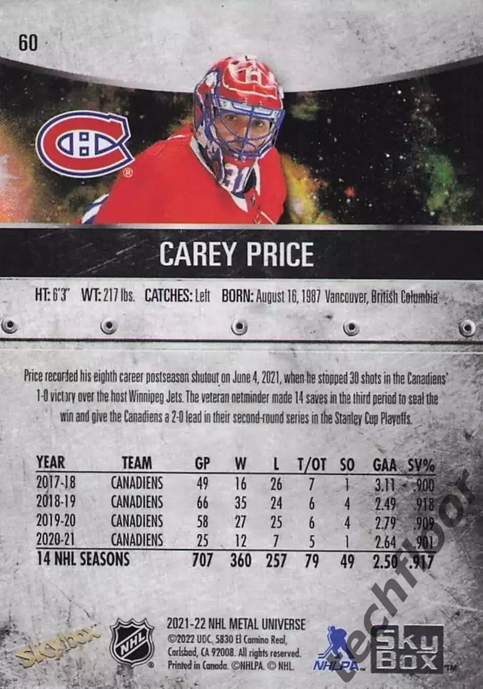 Карточка NHL Carey Price Montreal Canadiens/ Кэри Прайс Монреаль НХЛ 1