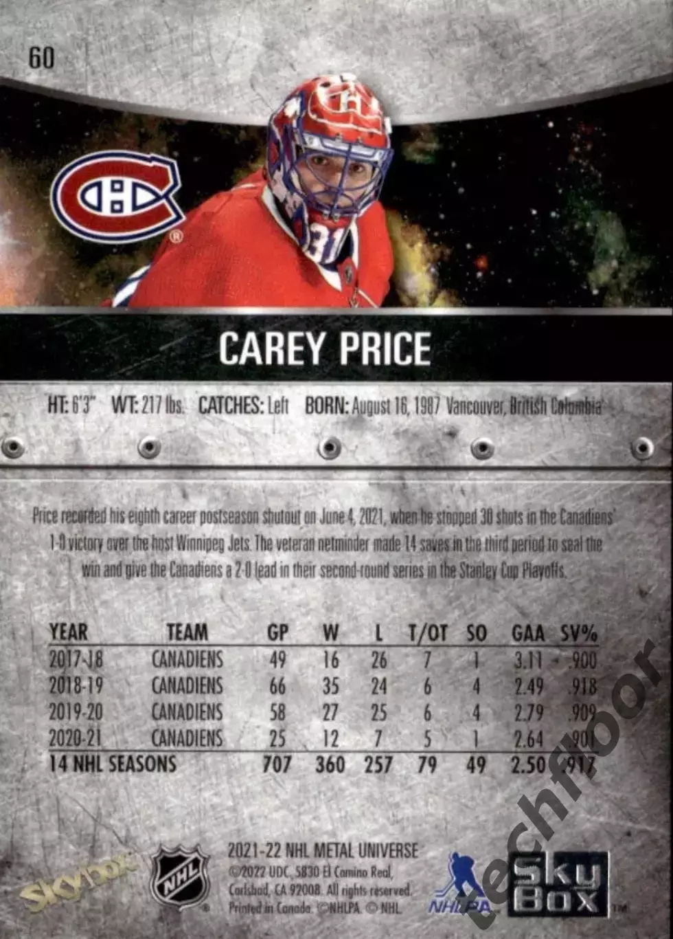 Карточка NHL Carey Price Montreal Canadiens /Кэри Прайс Монреаль НХЛ 1