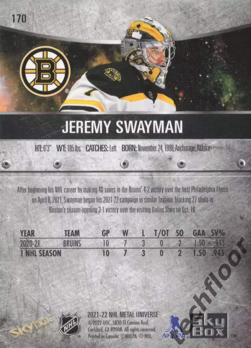 Карточка NHL Jaramy Swayman Boston Bruins/Джереми Свэйман Бостон НХЛ 1