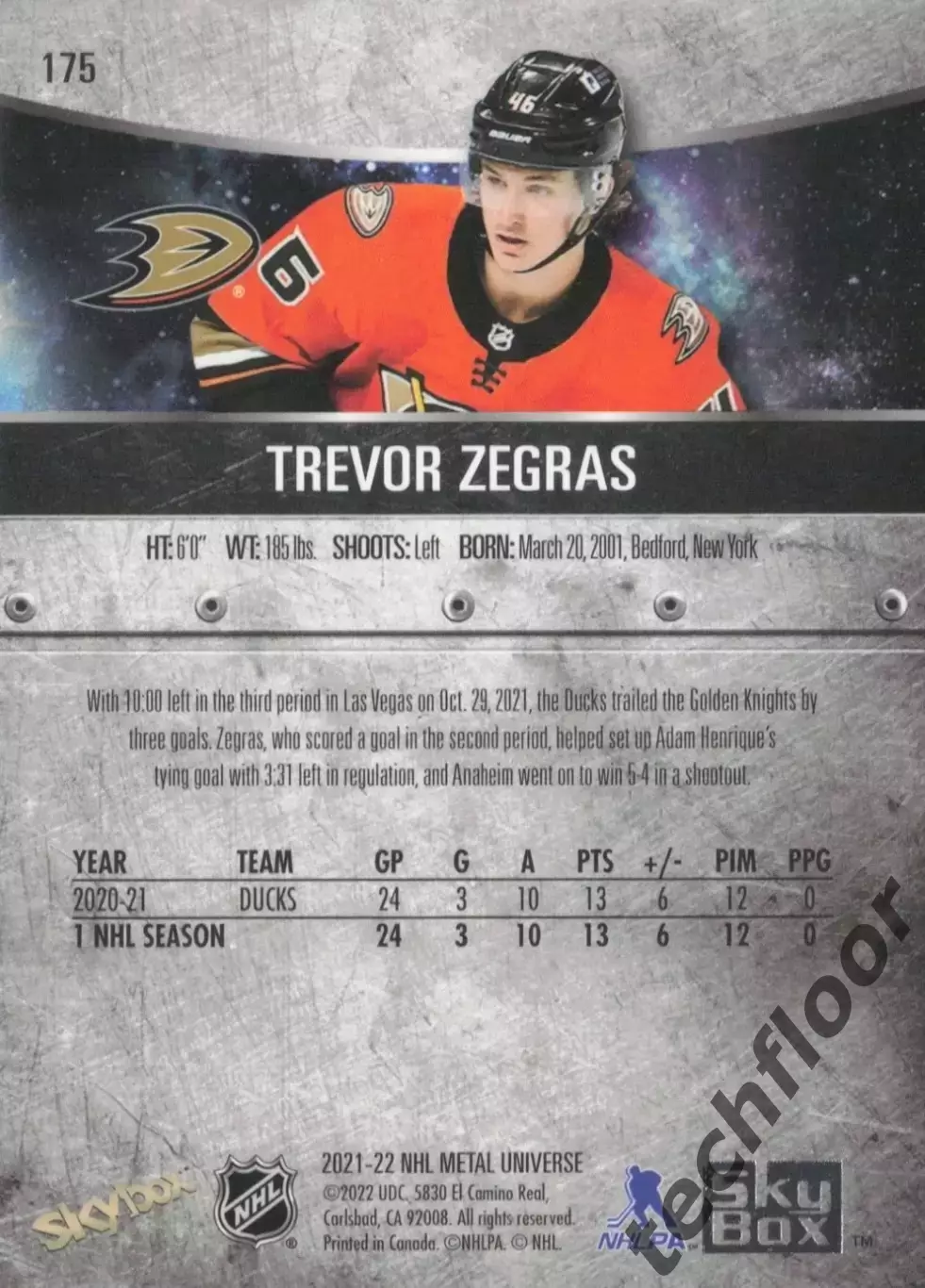 Карточка NHL Trevor Zegras Anaheim Ducks/ Тревор Зеграс Анахайм НХЛ 1