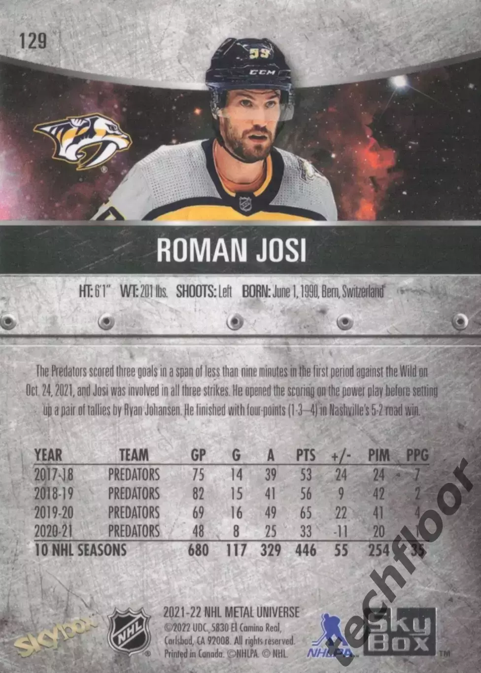Карточка NHL Roman Josi Nashville Predators /Роман Йоси Нэшвилл НХЛ 1