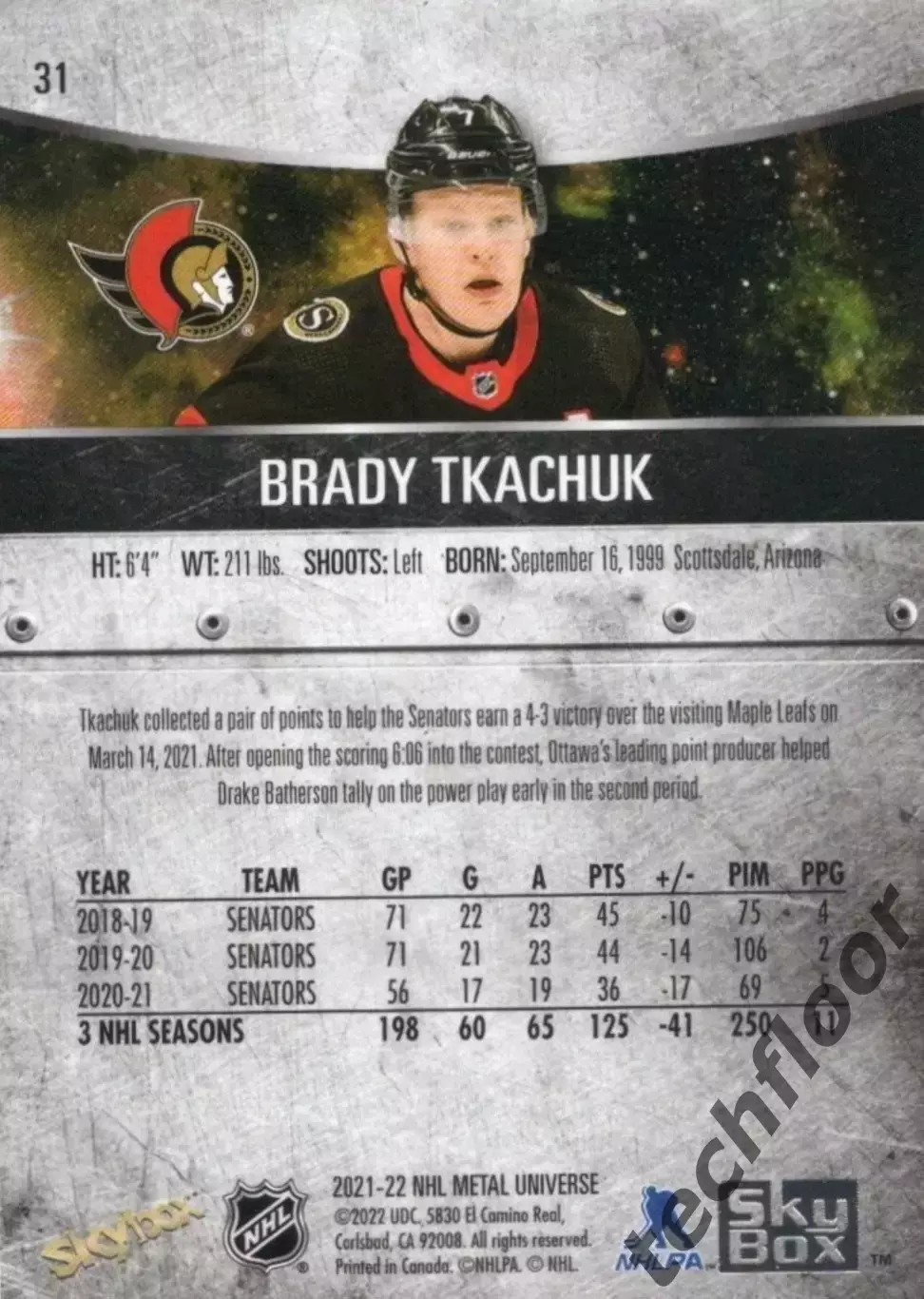 Карточка NHL Brady Tkachuk Ottawa Senators/ Брэди Ткачак Оттава НХЛ 1