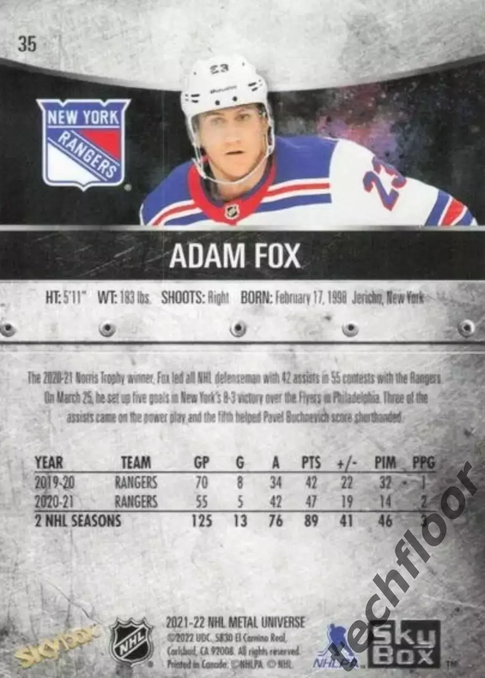 Карточка NHL Adam Fox New York Rangers/Адам Фокс Рейнджерс НХЛ 1