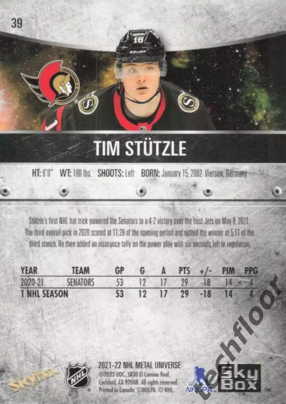 Карточка NHL Tim Stutzle Ottawa Senators / Тим Штюцле Оттава НХЛ 1