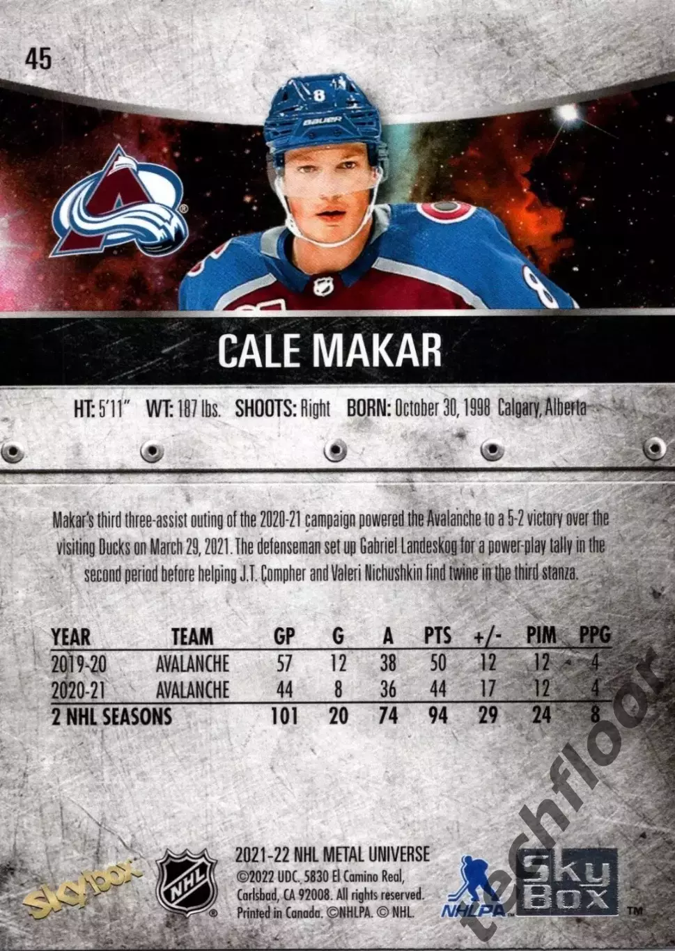Карточка NHL Cale Makar Colorado Avalanche /Кейл Макар Колорадо НХЛ 1