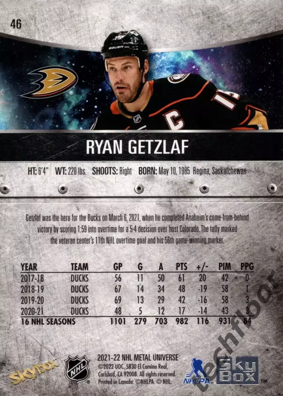 Карточка NHL Ryan Getzlaf Anaheim Ducks/Райан Гетцлаф Анахайм НХЛ 1