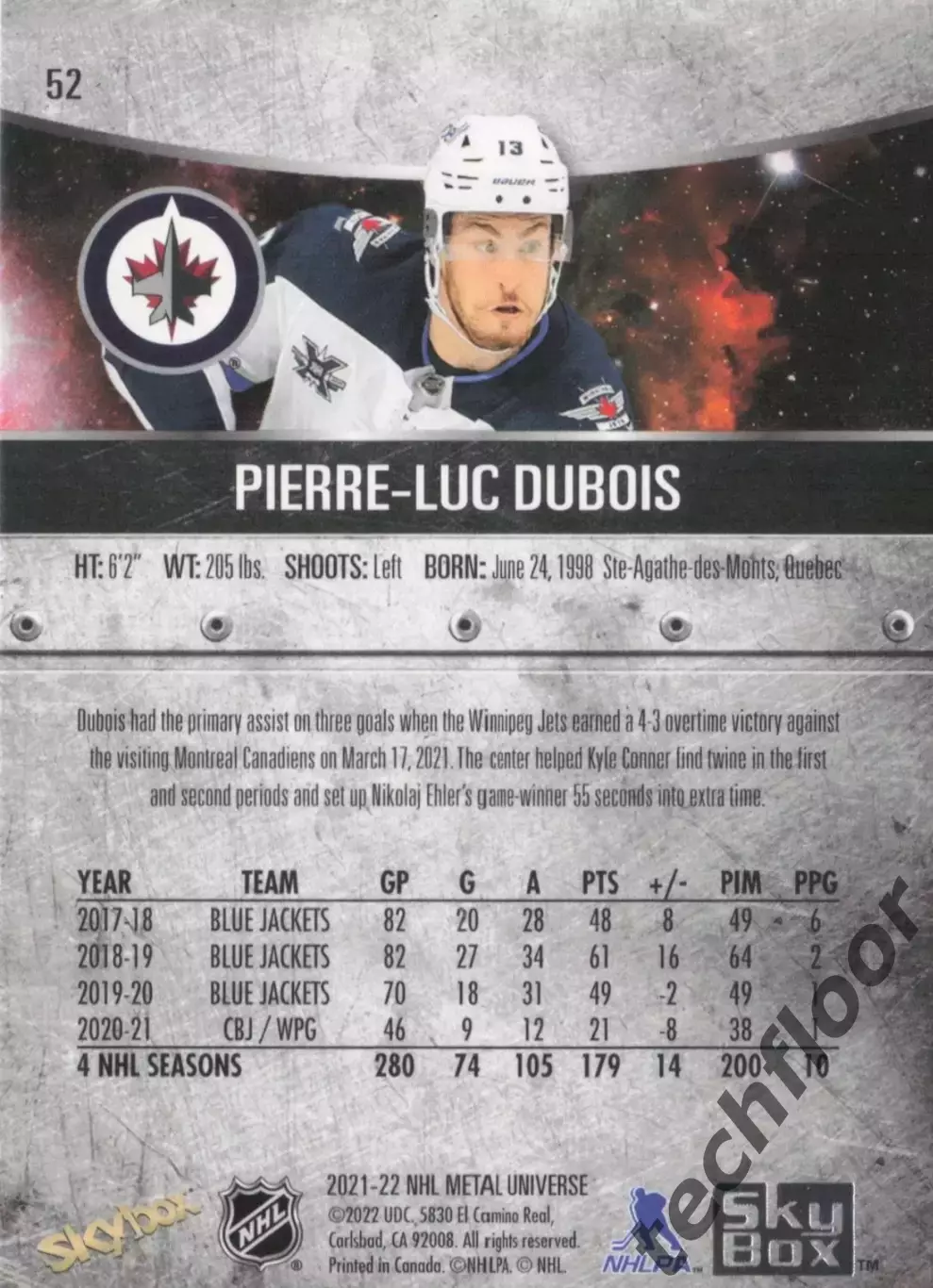 Карточка NHL Pierre-Luc Dubois Winnipeg Jets/Пьер-Люк Дюбуа Виннипег НХЛ 1