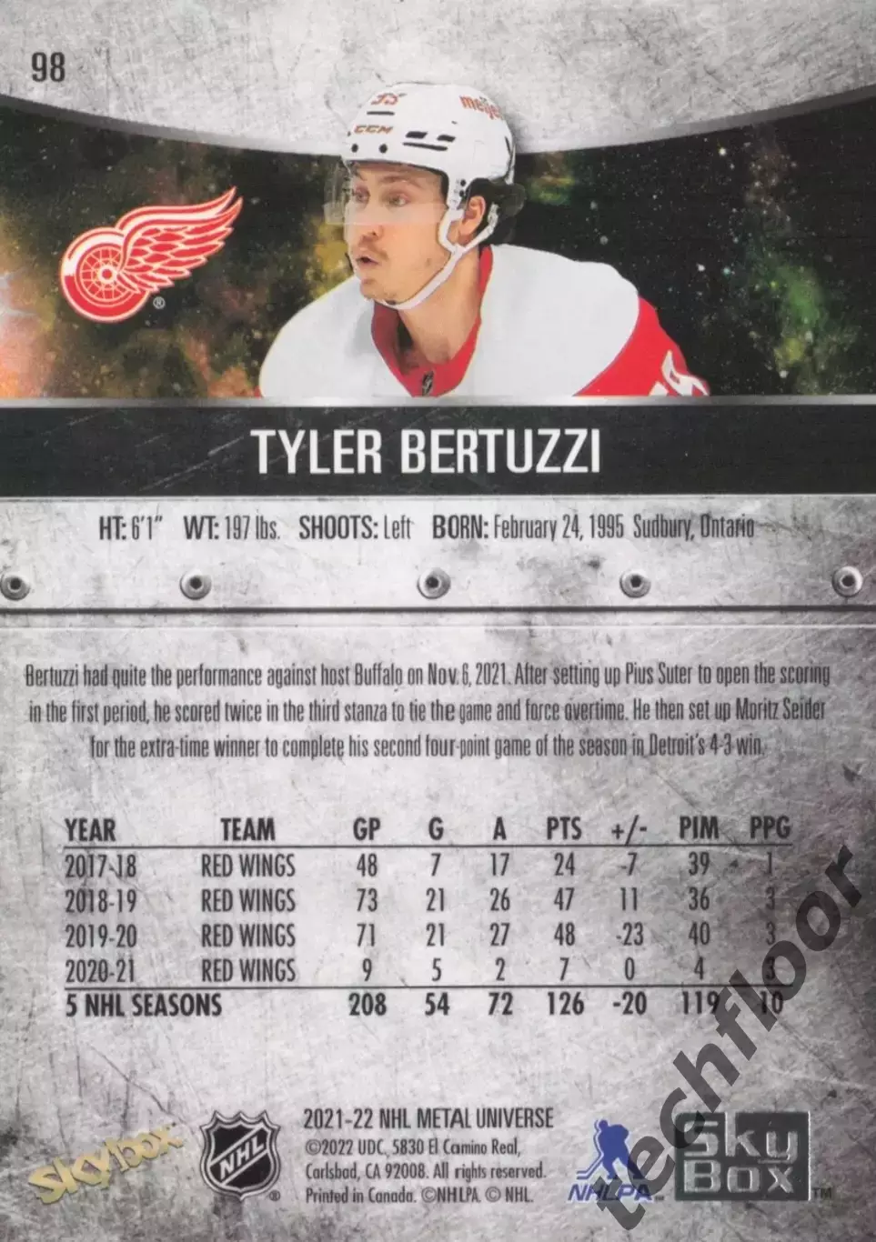 Карточка NHL Tyler Bertuzzi Detroit Red Wings/Тайлер Бертуцци Детройт НХЛ 1