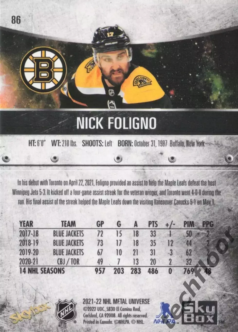 Карточка NHL Nick Foligno Boston Bruins/Ник Фолиньо Бостон НХЛ 1