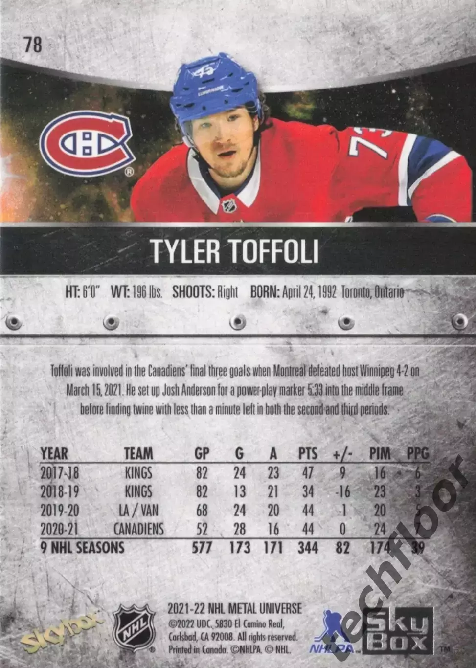 Карточка NHL Tyler Toffoli Montreal Canadiens/Тайлер Тоффоли Монреаль НХЛ 1